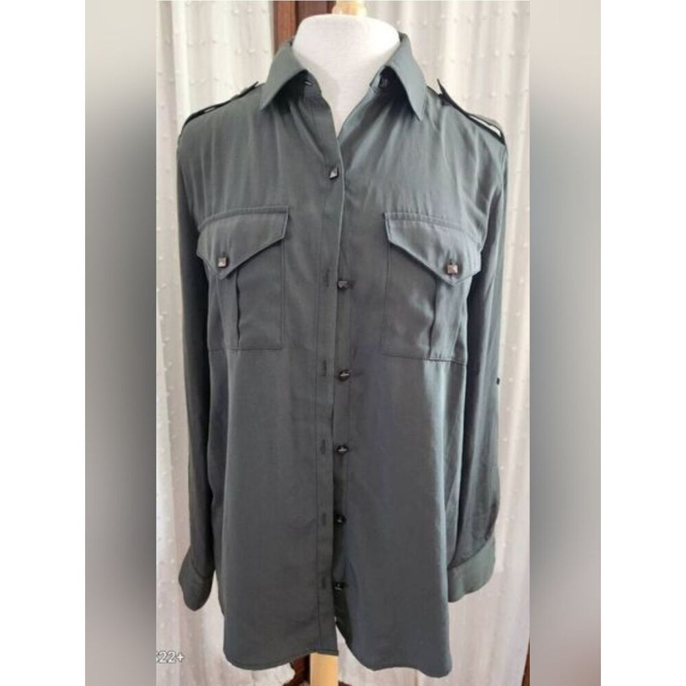 U52 Rock & Republic shirt Olive Green w square metal buttons & roll tab sleeves - Picture 14 of 16